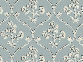 Blauw behang met beige krullen en bloemen Cranford - Sky Blue van Little Greene