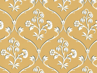 Cranford - Wheat behang van Little Greene in de kleur Okergeel met witte krullen en bloemen