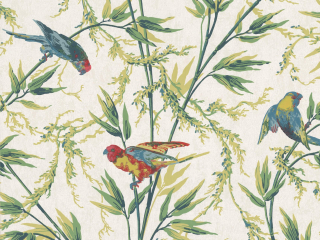 Little Greene Great Ormond Street - Tropical behang met kleine gekleurde vogels en sierlijke grassen