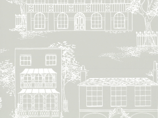 Grijs behang met getekende grote huizen met witte lijnen Hampstead - Cool Grey