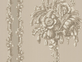 Taupe behang Chelsea Bridge - Medal van Little Greene met een herhalend patroon van bloemen en bladeren