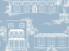 Hampstead - James Blue behang van Little Greene met een blauwe achtergrond en witte huizen