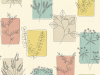 Little Greene behang met roze, gele, blauwe en taupe kleurige rechthoeken met daarin simpele bloemen getekend met zwarte dunne lijn Herbes - Cocktail