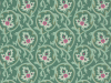 Behang met een groen/blauw kleur en een patroon van krullen en bloemen met kleine fel roze accenten Hoja - Pleat