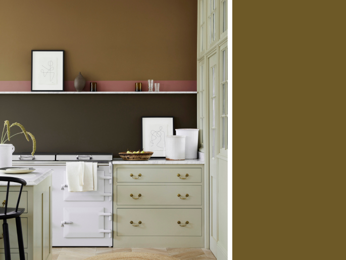 Little Greene - Light Bronze Green 123 op de wand in de keuken