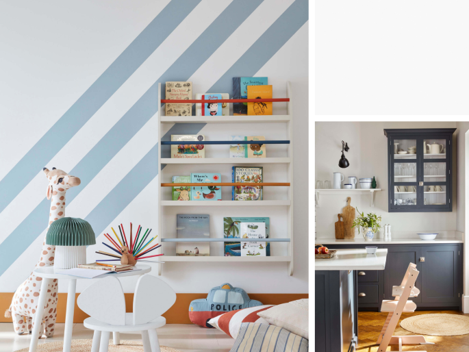 Little Greene - Shirting 129 op de muur in een kinderkamer met blauwe strepen