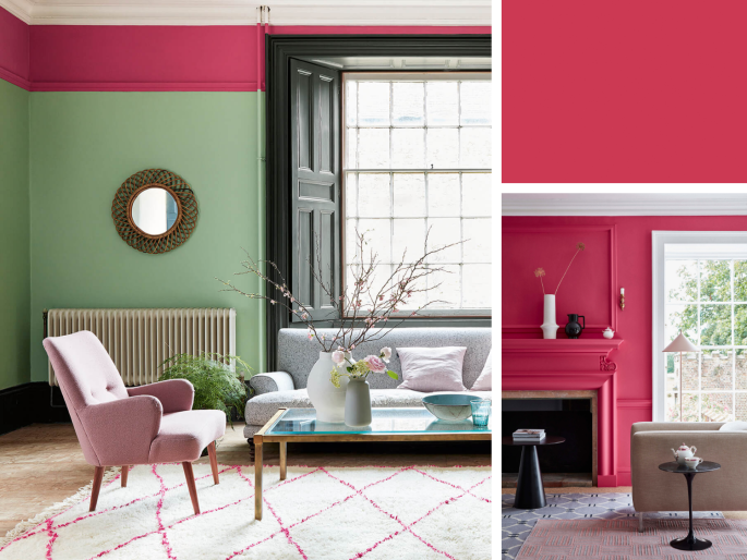 Little Greene - Leather 191 als border op een groene muur in de woonkamer