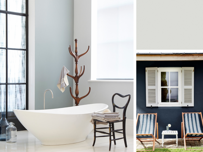 Little Greene - Inox 224 in een badkamer op de wand met daarvoor een vrijstaand bad