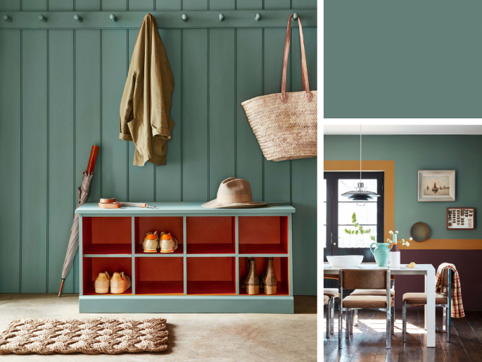 Little Greene - Pleat 280 op een houten lambrisering met een kapstok en bankje in de hal