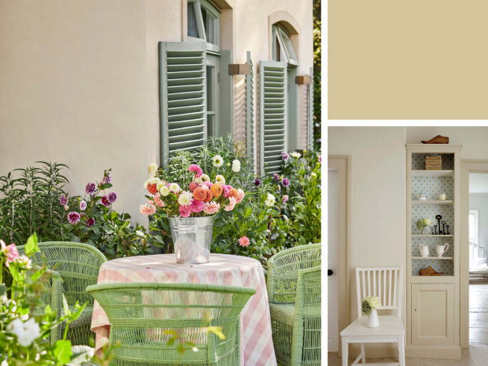 Little Greene - Clay 39 op een gevel met lichtgroene luiken en bloemen