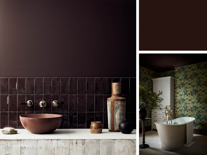 Little Greene - Purple Brown 8 in de keuken met dezelfde kleur tegels