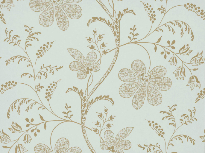 Little Greene behang Bedford Square - Larimar lichtblauw met oker geel