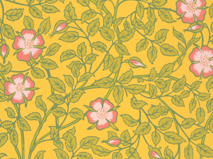 Geel behang met roze bloemen Briar Rose - Indian Yellow Little Greene