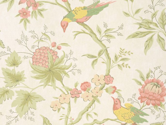 Vogel behang met kleurrijke bloemen en bessen van Little Greene - Brooke House - Cloth
