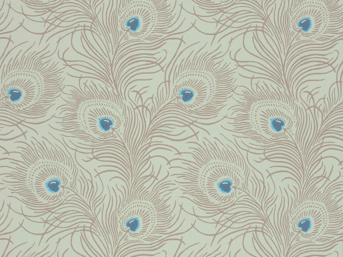 Carlton House Terrace - Copper behang met beige pauwveren en blauwe accenten