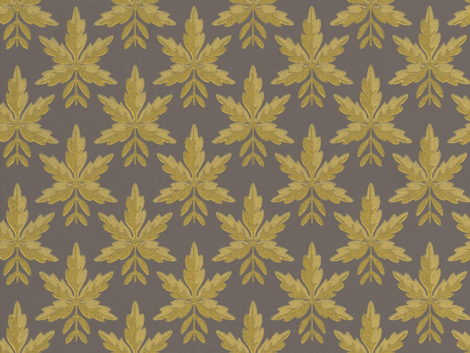 Little Greene Clutterbuck - Corinthian Gold behang met goudkleurige bladeren en een bruine achtergrond