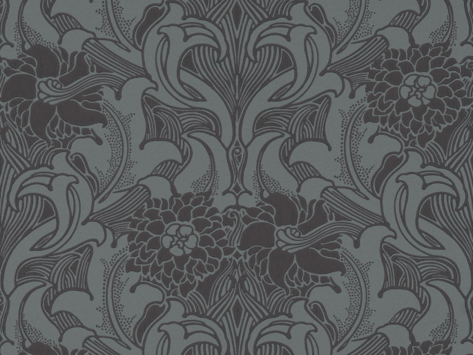 Little Greene behang met rijke versiering van bloemen en krullen in het diepblauw Dahlia Scroll - Etruria