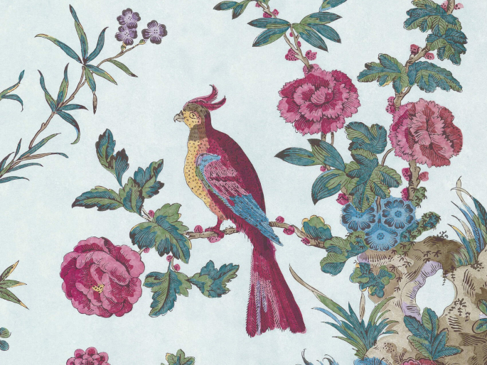 Bloemen en vogel behang Darwin - Azure van Little Greene