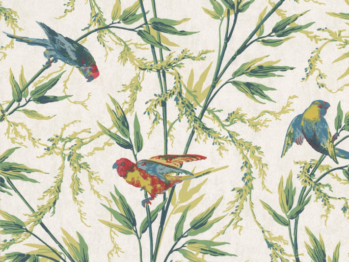 Little Greene Great Ormond Street - Tropical behang met kleine gekleurde vogels en sierlijke grassen
