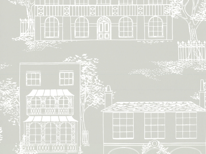 Grijs behang met getekende grote huizen met witte lijnen Hampstead - Cool Grey