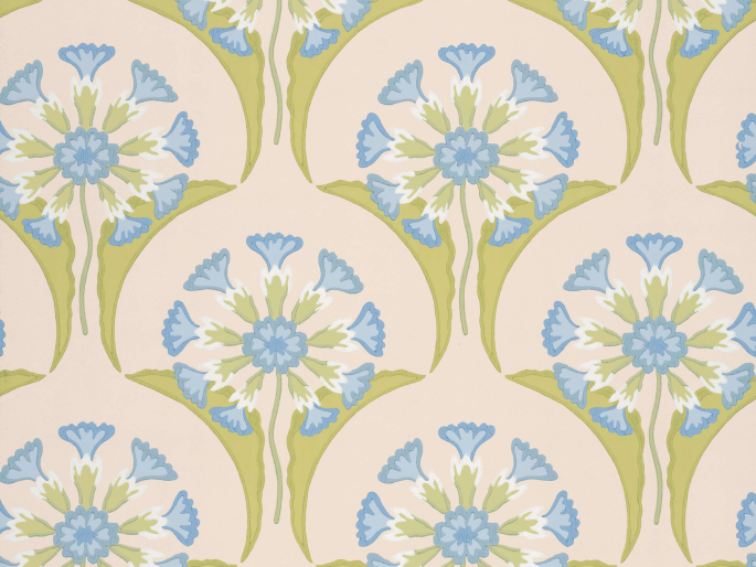Vrolijk behang met roze, groene en blauw kleuren Hencroft - Blue Primula met bloemen
