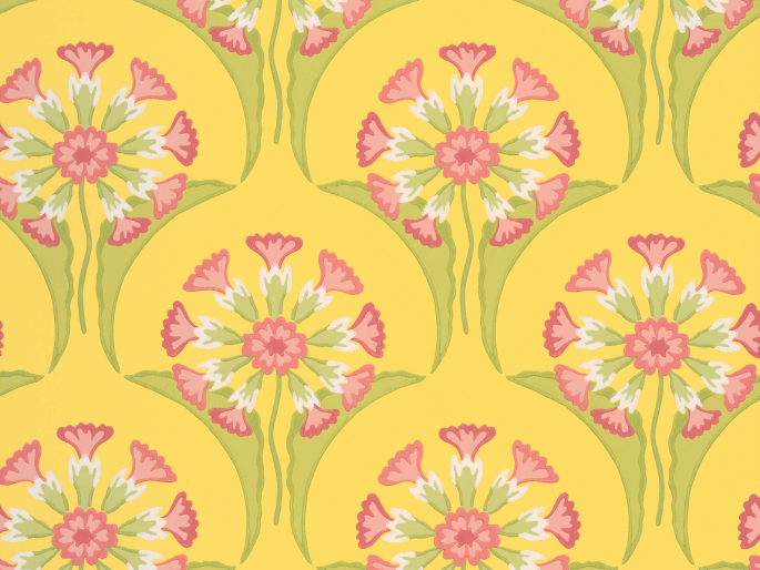 Little Greene Hencroft - Punch geel behang met sierlijke bloemen