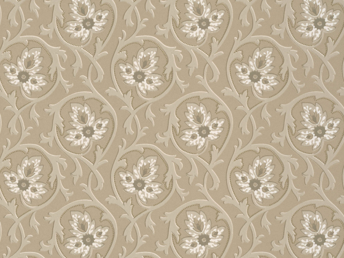 Taupe kleurig behang met een patroon van krullen en bloemen Hoja - Portland Stone