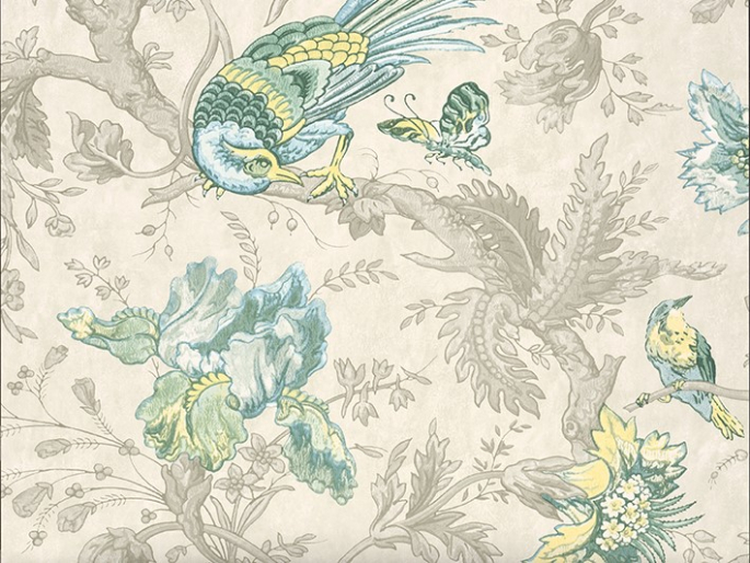 Little Greene Crowe Hall Lane - Paradise behang met beige bloemen en bladeren met blauwe vogels