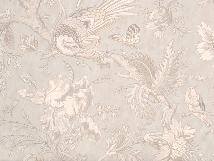 Beige behang met beige vogels en bloemen Crowe Hall Lane - Talcum van Little Greene