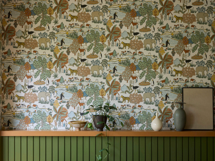 Little Greene behang Animal Kingdom Pea detail sfeer