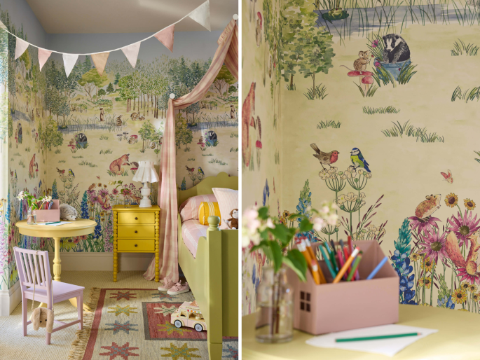 Little Greene behang Potter's Woodland Spring in een kinderkamer toegepast