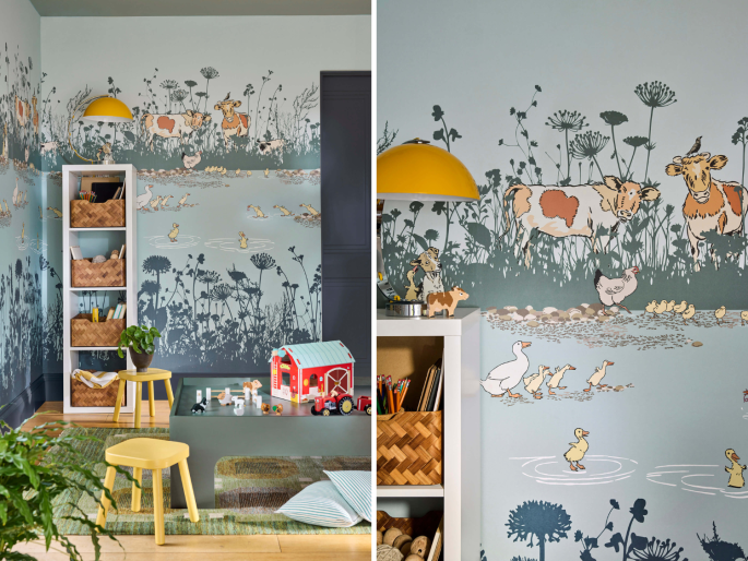Little Greene behang Riverside Capers Moo io de muur in een speelkamer