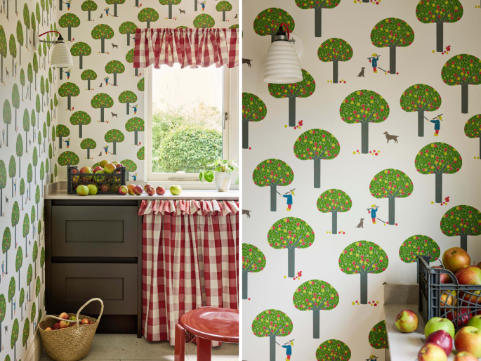 Little Greene behang Rodney Street Sage & Onions in de keuken toegepast op de muren