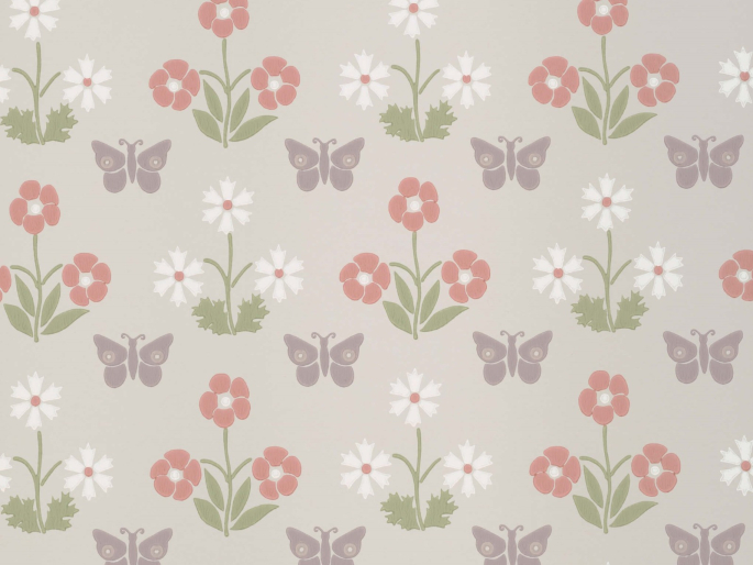 Beige behang met paarse vlinder en rode/roze bloemen Burges Butterfly - French Grey van Little Greene