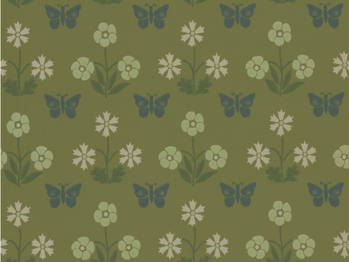 Groen vlinderbehang Burges Butterfly - Garden met donkerblauwe vlinder en groen/witte bloemen van Little Greene