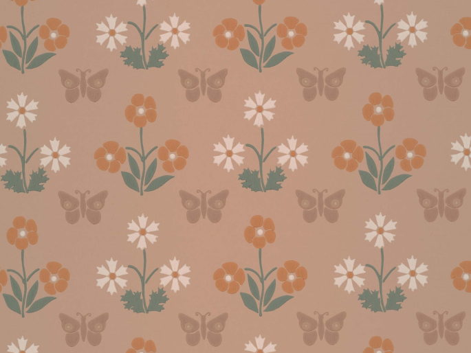 Roze bloemenbehang Burges Butterfly - Masquerade met donkerroze vlinders van Little Greene
