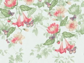 Groen behang Asterid - Mint van Little Greene met roze bloemen