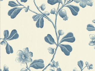 Broadwick Street - Balsam behang met een witte achtergrond, blauwe bloemen en bladeren