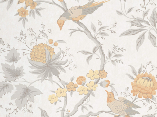 Little Greene Brooke House - Cinder behang met grijze vogels en oranje bloemen 
