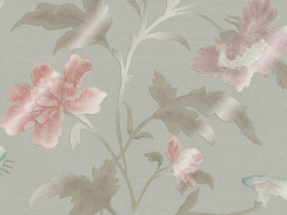Little Greene behang met grote gekleurde bloemen Chine Rose - French Grey Lustre