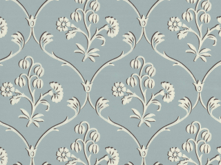 Blauw behang met beige krullen en bloemen Cranford - Sky Blue van Little Greene