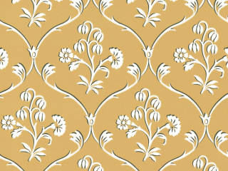 Cranford - Wheat behang van Little Greene in de kleur Okergeel met witte krullen en bloemen