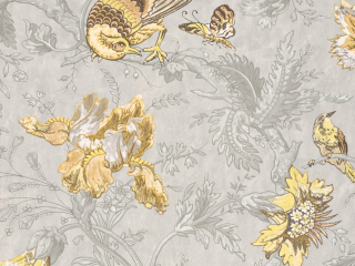 Little Greene behang Crowe Hall Lane - Gilt met gele vogels en bloemen