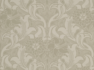 Dahlia Scroll - French Grey beige behang met een klassiek design van bloemen en krullen van Little Greene