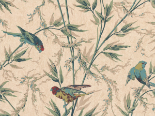Little Greene behang Great Ormond Street - Parchment met blauwe vogels en groene siergrassen