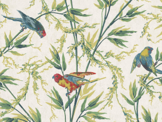 Little Greene Great Ormond Street - Tropical behang met kleine gekleurde vogels en sierlijke grassen