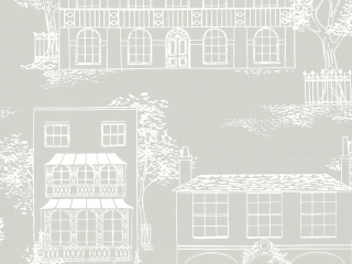 Grijs behang met getekende grote huizen met witte lijnen Hampstead - Cool Grey