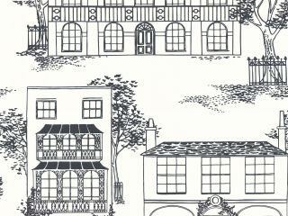 Hampstead - Ink wit behang van Little Greene met daarop in het zwart verschillende stijlen huizen getekend