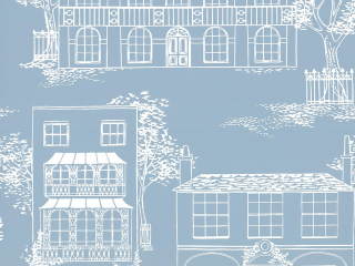 Hampstead - James Blue behang van Little Greene met een blauwe achtergrond en witte huizen