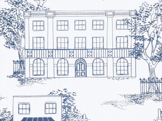 Wit/blauw behang Hampstead - Mid Blue met huizen die gekend zijn